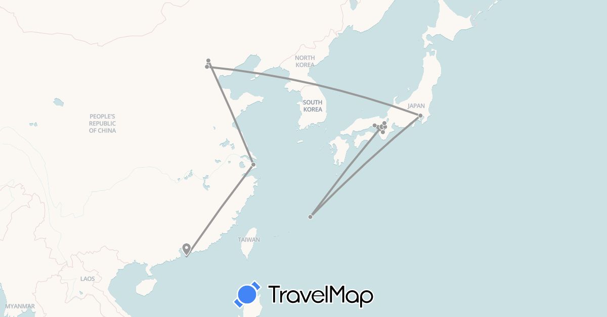 TravelMap itinerary: driving, plane in China, Hong Kong, Japan (Asia)